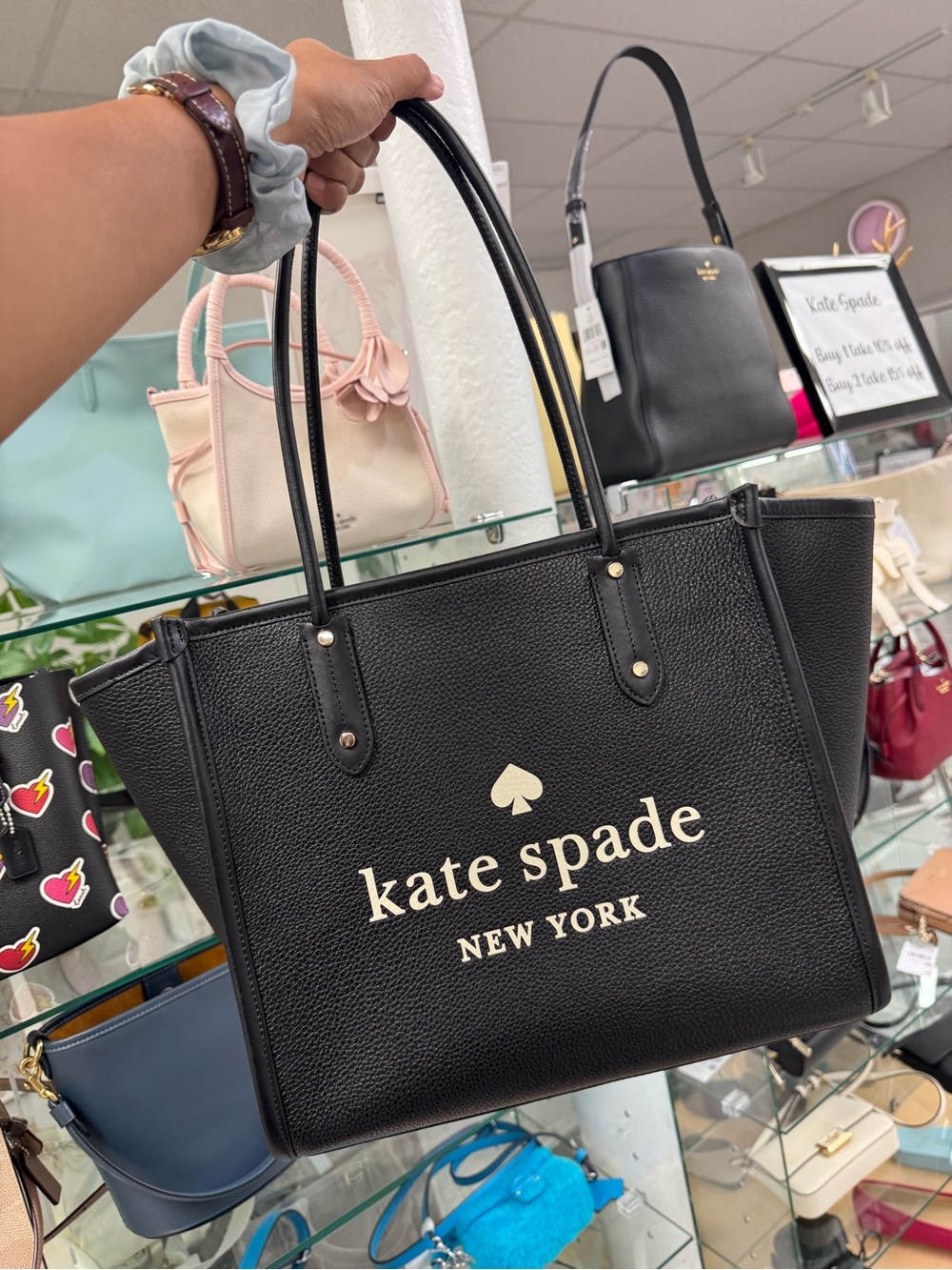 kate spade black logo pebbled leather tote